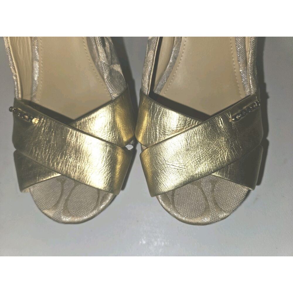 Coach Jessy Size 7.5 Gold Leather Iridescent Canvas Strappy Wedge Sandals - Picture 5 of 15